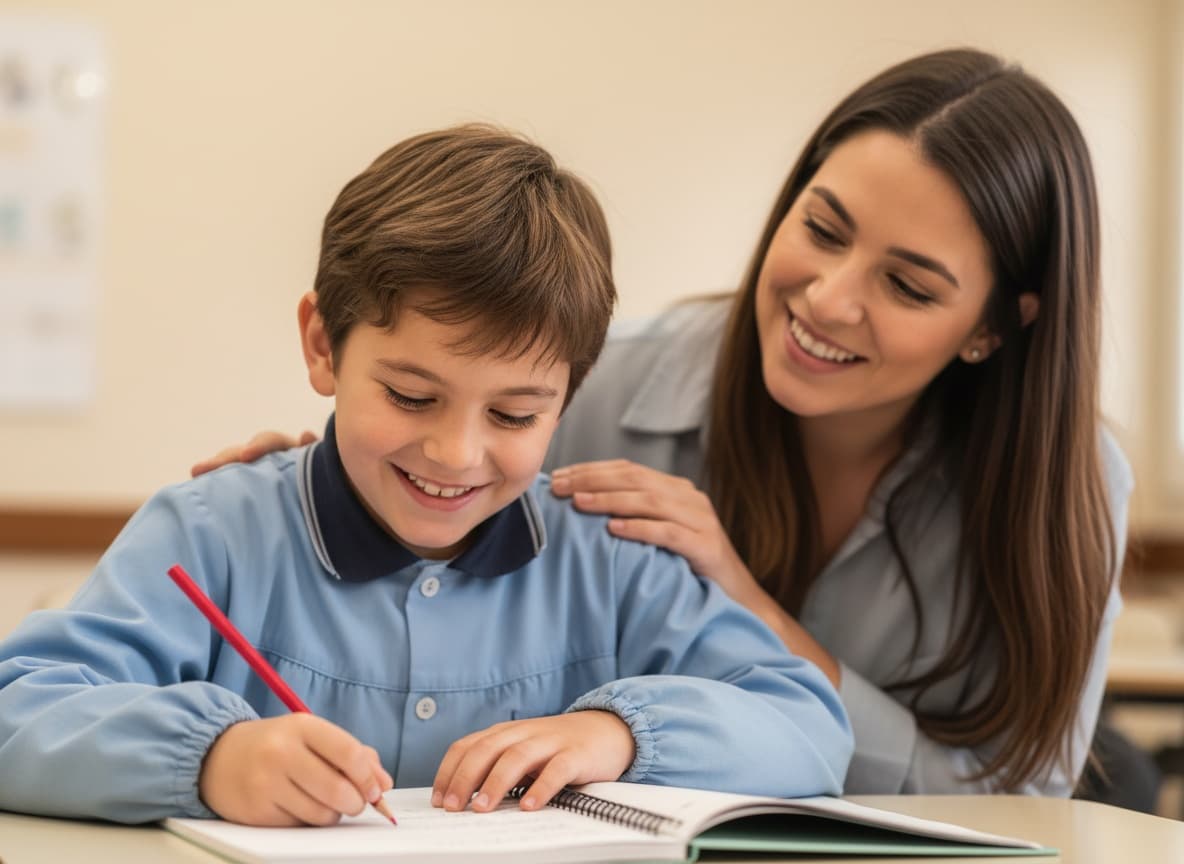 Profesional de GADI trabajando con un niño en el aula